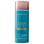 A 55 mL bottle of Colorescience Sunforgettable Total Protection Face Shield sunscreen in the Flex shade, featuring a teal body and a metallic rose gold cap on a white background.