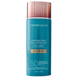 A 55 mL bottle of Colorescience Sunforgettable Total Protection Face Shield sunscreen in the Flex shade, featuring a teal body and a metallic rose gold cap on a white background.