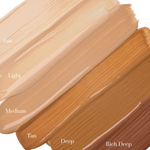 Four diagonal swatches of liquid foundation or makeup shade labeled Fair, Light, Medium, Tan, Deep, and Rich Deep on a white background.