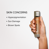 ALASTIN A-Luminate Brightening Serum, hand holding the bottle with skin concerns