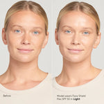 Before and after comparison of a woman wearing a face shield with SPF 50 on a plain background.