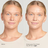 Before and after comparison of a woman wearing a face shield with SPF 50 on a plain background.