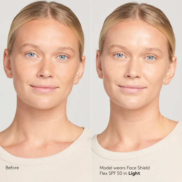 Before and after comparison of a woman wearing a face shield with SPF 50 on a plain background.