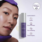 A woman with glowing skin, her face gently held by hands in purple gloves, beside an ALASTIN by Galderma Regenerating Skin Nectar with TriHex+ purple pump bottle labeled “Procedure Support,” 1 fl oz (29 mL), with a swatch of clear, slightly golden gel. A badge reads “Now with TriHex+.” Text lists procedures it complements: lasers, chemical peels, microneedling, and facial surgery.