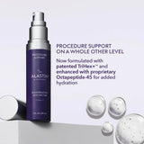 ALASTIN by Galderma Regenerating Skin Nectar with TriHex+ in an open purple pump bottle labeled “Procedure Support,” 1 fl oz (29 mL), on a white pedestal beside its silver cap and droplets of clear gel. Text reads “Procedure support on a whole other level. Now formulated with patented TriHex+ and enhanced with proprietary Octapeptide-45 for added hydration.”