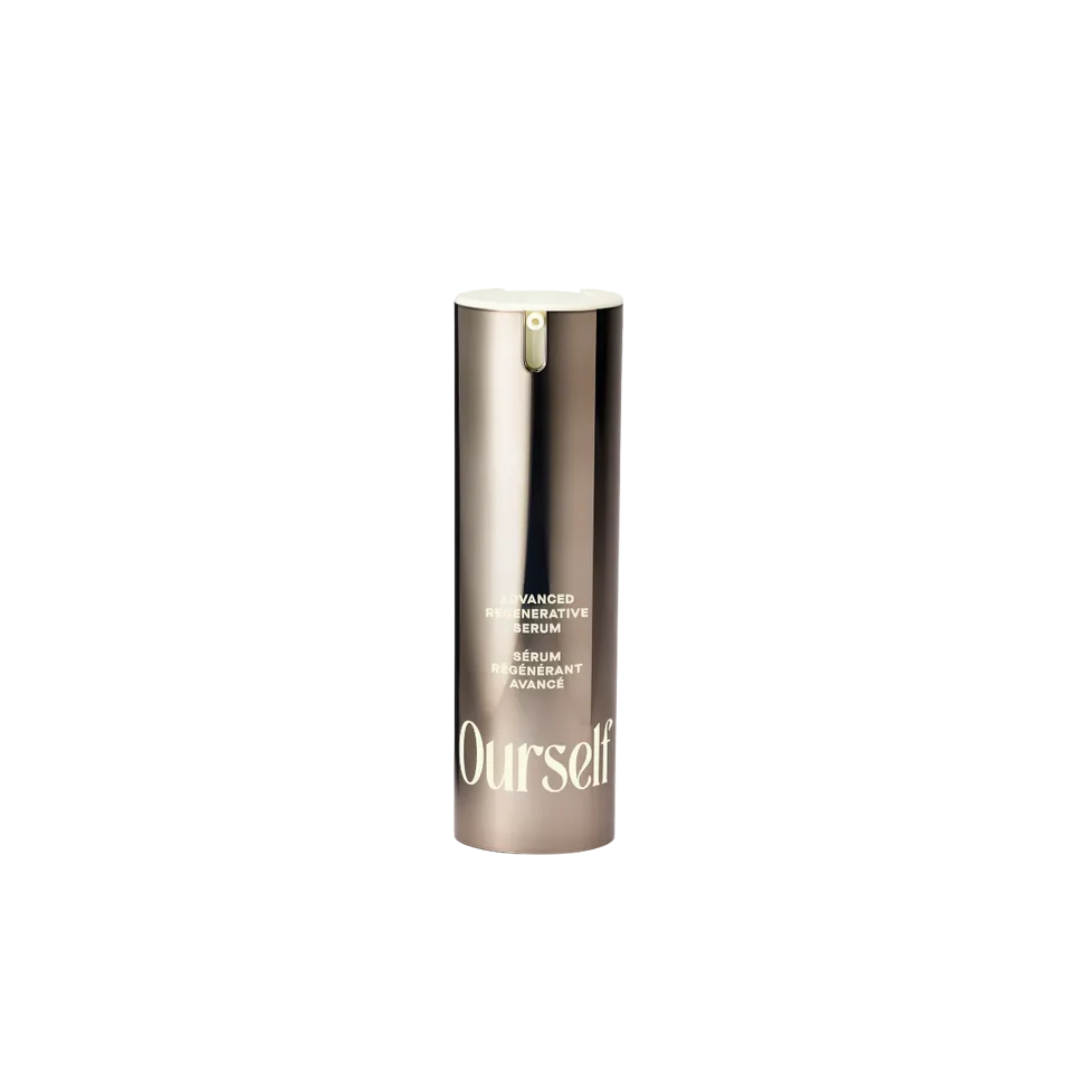 A sleek, metallic silver cylindrical bottle of Ourself advanced regenerative serum, centered on a plain white background.