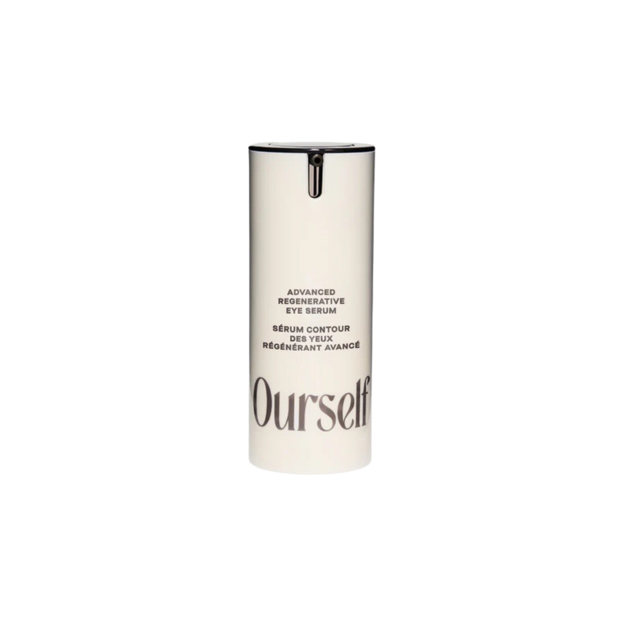 A tall, cylindrical white bottle of Ourself Advanced Regenerative Eye Serum with black text and a black cap, centered on a plain white background.