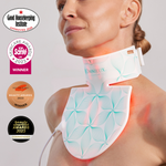Omnilux Contour Neck & Décolleté, model wearing the device with awards