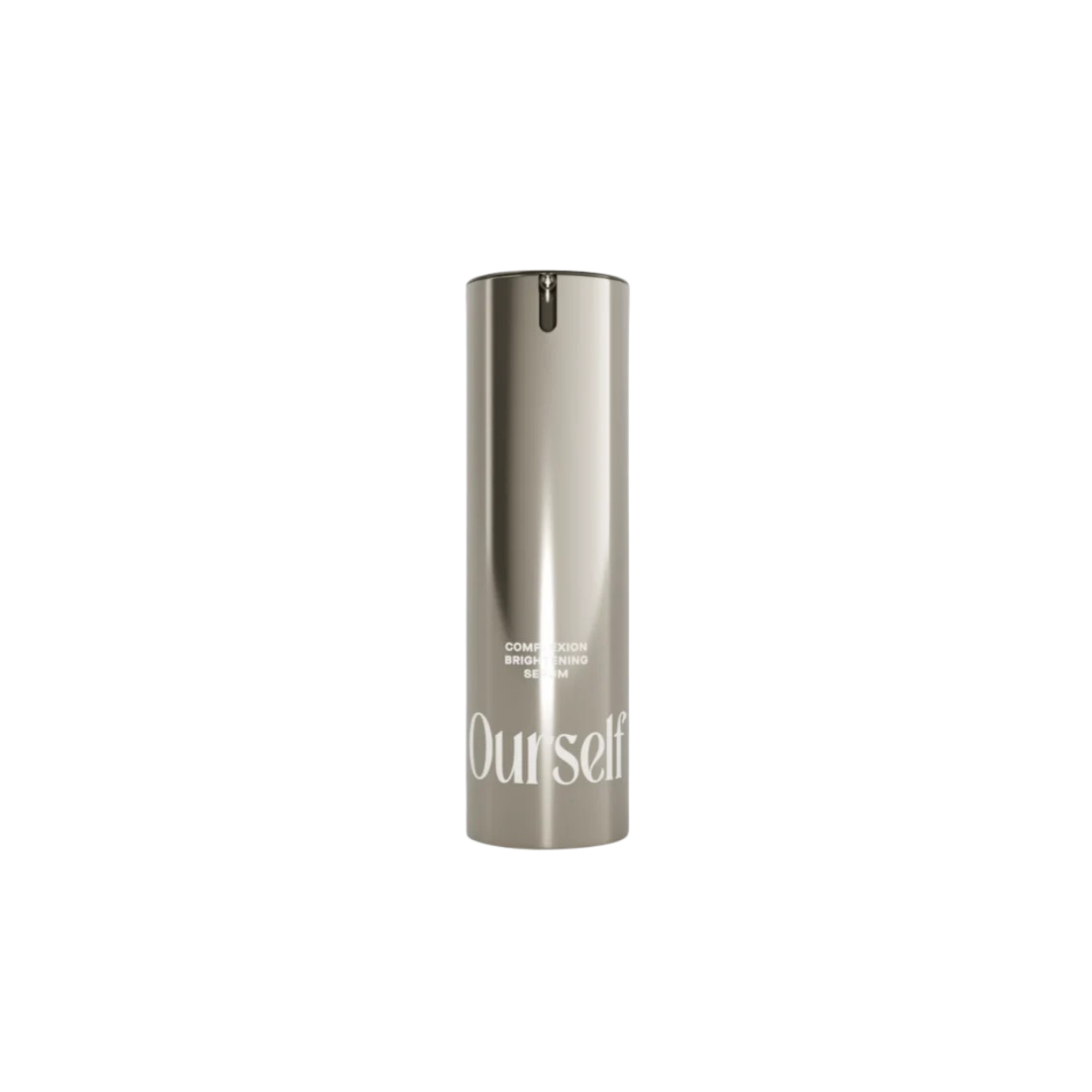A sleek, metallic silver cylindrical bottle of Ourself Complexion Brightening Serum against a solid white background.