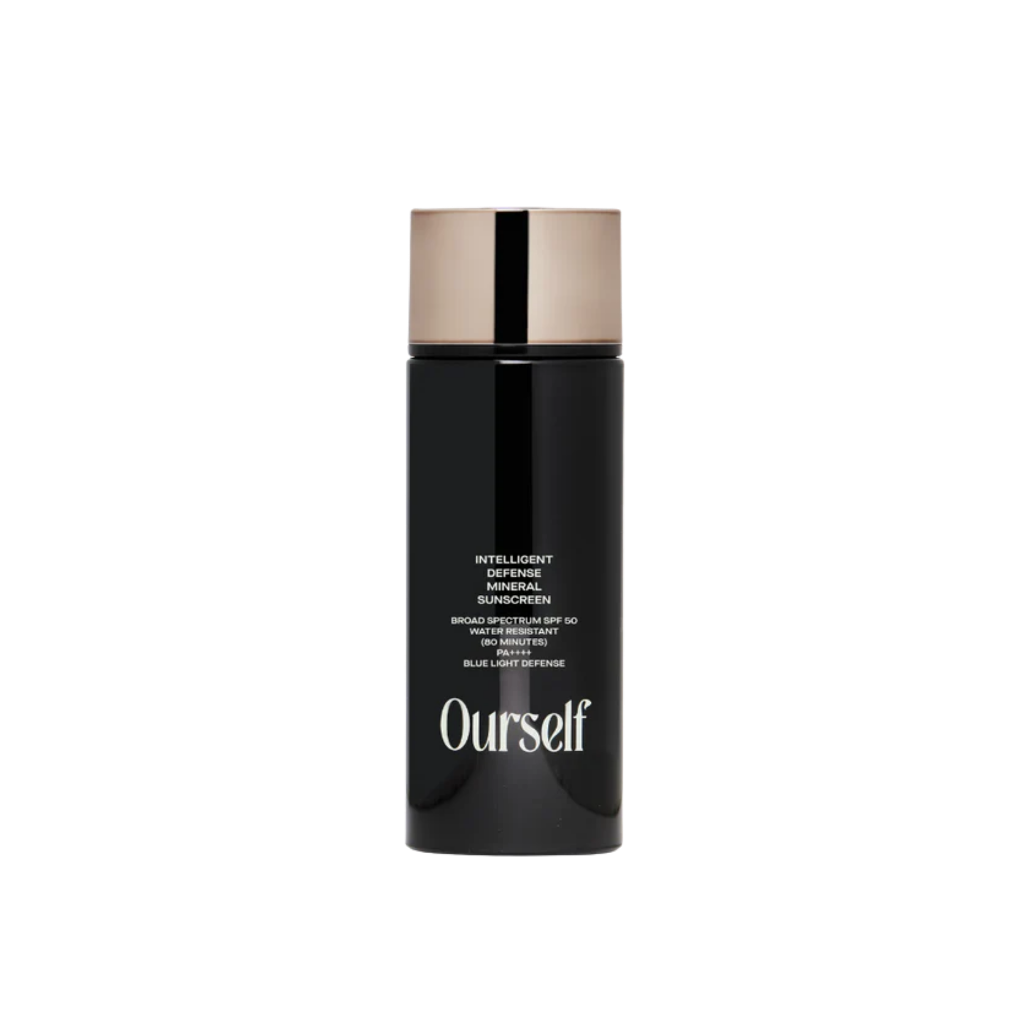 A black cylindrical bottle of Ourself Intelligent Moisturising Sunscreen with a metallic gold cap, centered on a plain white background.