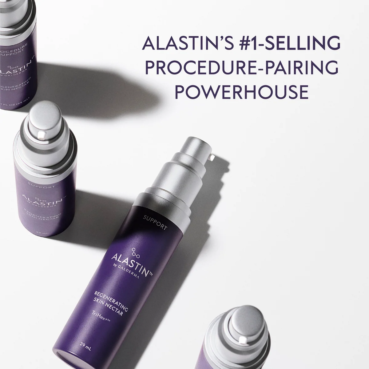 Several ALASTIN by Galderma Regenerating Skin Nectar purple pump bottles arranged at angles on a white surface, casting long shadows. Headline reads “ALASTIN’s #1-selling procedure-pairing powerhouse.”