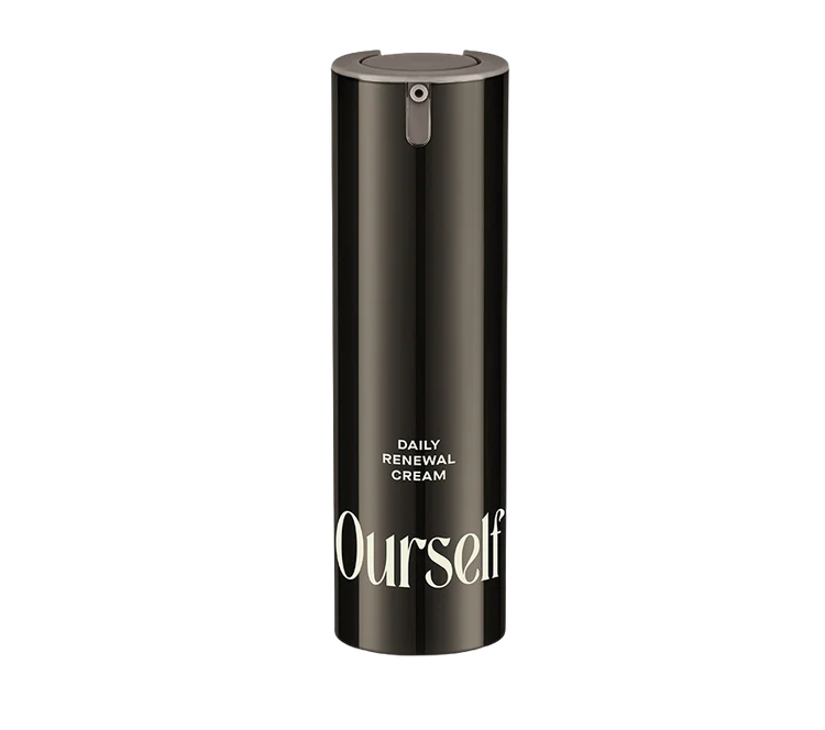 Black bottle of 'Daily Renewal Cream' by 'Ourself' on a white background