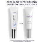 Side-by-side comparison of ALASTIN Ultra Light Moisturizer packaging. On the left, the classic white tube with a shiny silver cap and blue “ALASTIN Skincare” branding printed vertically; an arrow points right to the new white tube with purple lettering and a matte silver cap, labeled “Moisturize, ALASTIN by Galderma, Ultra Light Moisturizer, TriHex Technology, 2.0 fl oz (59 mL).” Headline reads “Brand-new packaging. Same breakthrough science.” 