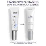 Side-by-side comparison of ALASTIN Ultra Light Moisturizer packaging. On the left, the classic white tube with a shiny silver cap and blue “ALASTIN Skincare” branding printed vertically; an arrow points right to the new white tube with purple lettering and a matte silver cap, labeled “Moisturize, ALASTIN by Galderma, Ultra Light Moisturizer, TriHex Technology, 2.0 fl oz (59 mL).” Headline reads “Brand-new packaging. Same breakthrough science.” 