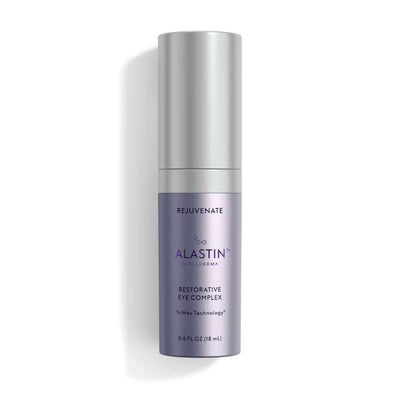 ALASTIN by Galderma Restorative Eye Complex with TriHex Technology in a lavender-silver pump bottle with a silver cap, labeled “Rejuvenate,” 0.6 fl oz (18 mL), on a white background.