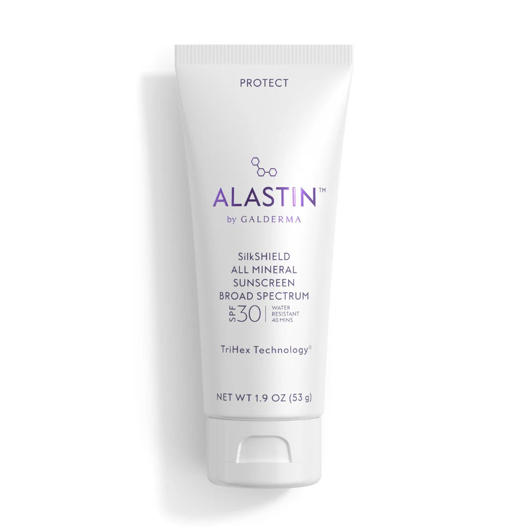 ALASTIN by Galderma SilkSHIELD All Mineral Sunscreen Broad Spectrum SPF 30 with TriHex Technology in a white squeeze tube with purple lettering, labeled “Protect,” water resistant 40 minutes, net wt 1.9 oz (53 g), on a white background.