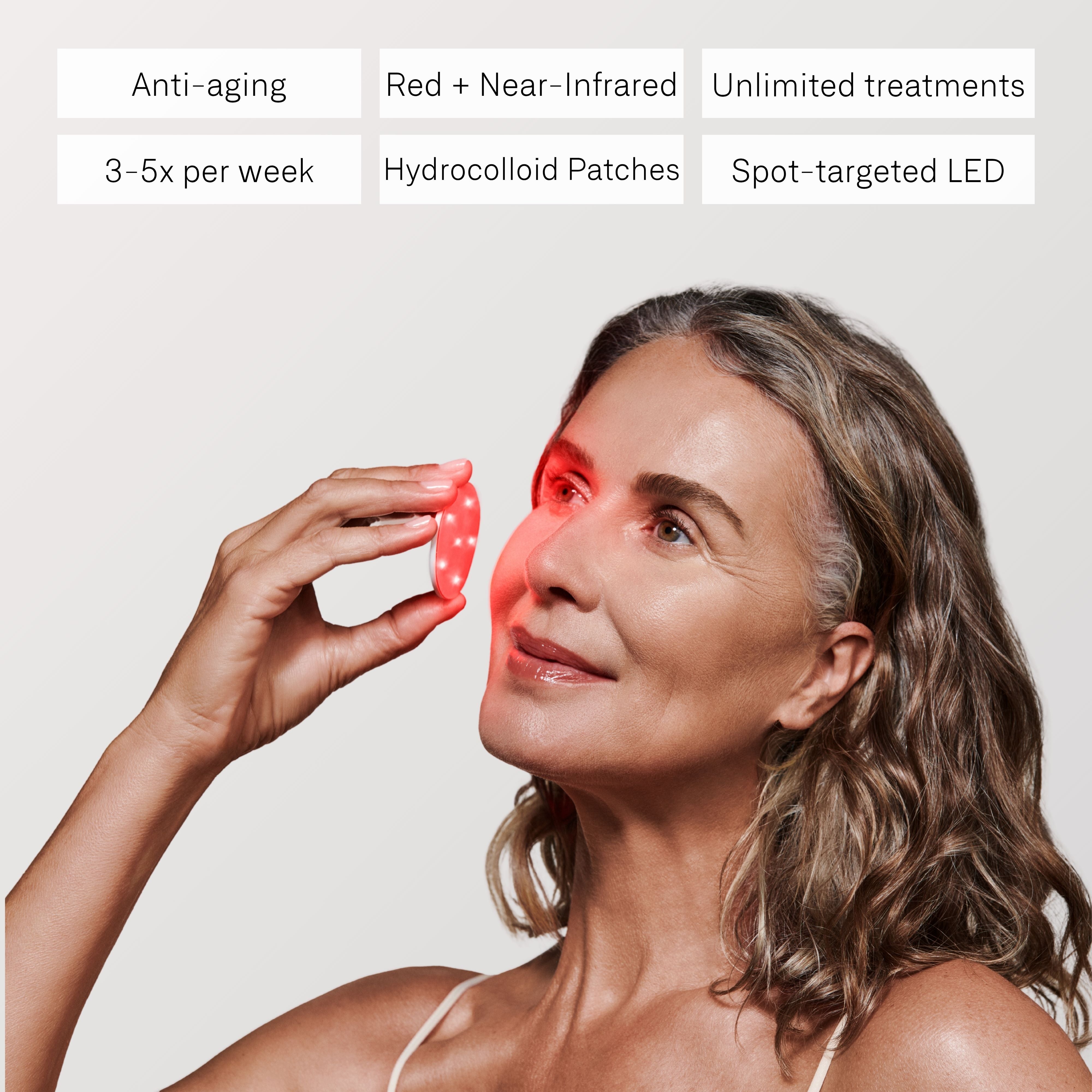 Omnilux Skin Corrector, model using the device
