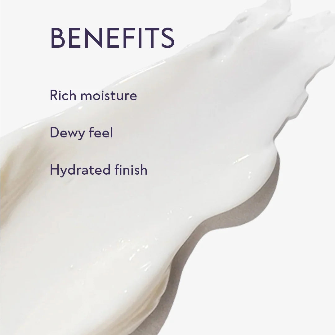 A close-up swatch of ALASTIN Ultra Nourishing Moisturizer showing its thick, glossy white cream texture. Text reads “Benefits: rich moisture, dewy feel, hydrated finish.”