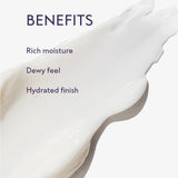 A close-up swatch of ALASTIN Ultra Nourishing Moisturizer showing its thick, glossy white cream texture. Text reads “Benefits: rich moisture, dewy feel, hydrated finish.”