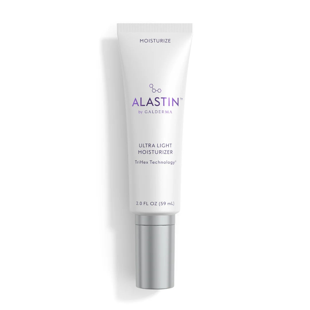 ALASTIN by Galderma Ultra Light Moisturizer with TriHex Technology in a white tube with purple lettering and a silver cap, labeled “Moisturize,” 2.0 fl oz (59 mL), on a white background.