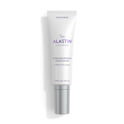ALASTIN by Galderma Ultra Nourishing Moisturizer with TriHex Technology in a white tube with purple lettering and a silver cap, labeled “Moisturize,” 2.0 fl oz (59 mL), on a white background.