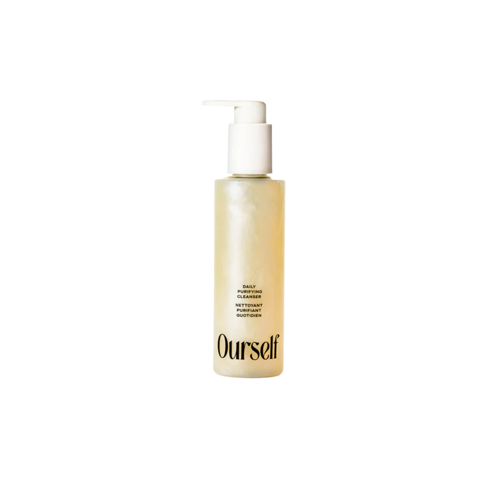 A bottle of Ourself Daily Purifying Cleanser with a white pump dispenser and a translucent pale yellow bottle, shown against a plain white background.