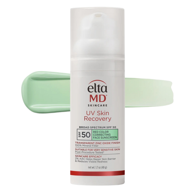 EltaMD UV Skin Recovery Red Color Correcting Green Tint Broad Spectrum SPF 50, tube with green tint swatch